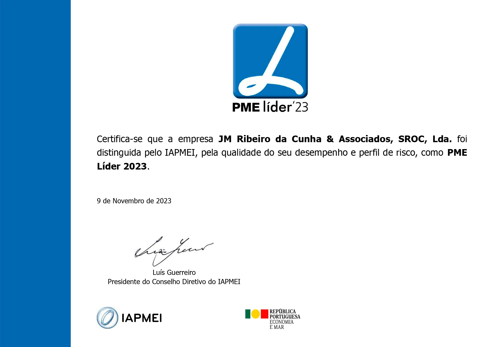 sroc-sociedade-de-revisores-e-auditores-ribeiro-da-cunha-associados-pme_lider_23-diploma JM Ribeiro da Cunha & Associados distinguida PME Líder 2023
